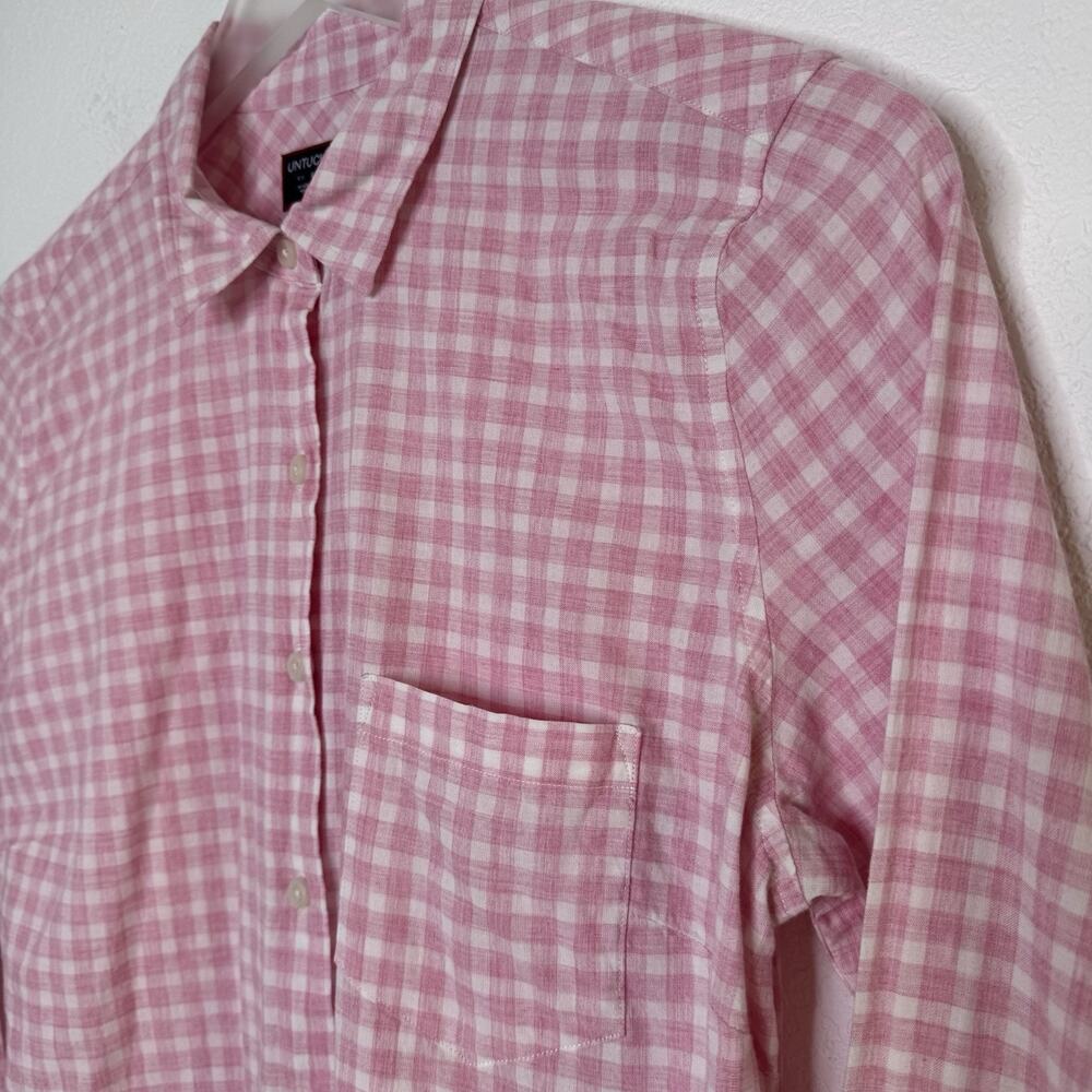 Untuckit Women Calina Gingham Button Shirt Size 8 Pink Long Sleeve Preppy Cotton - Picture 4 of 11